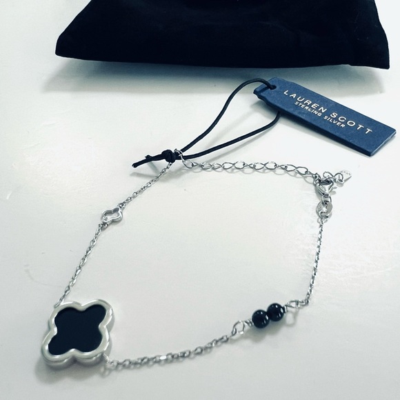 Lauren Scott Clover Black Stone Ball & Sterling Silver 925 Chain Bracelet - Picture 8 of 15